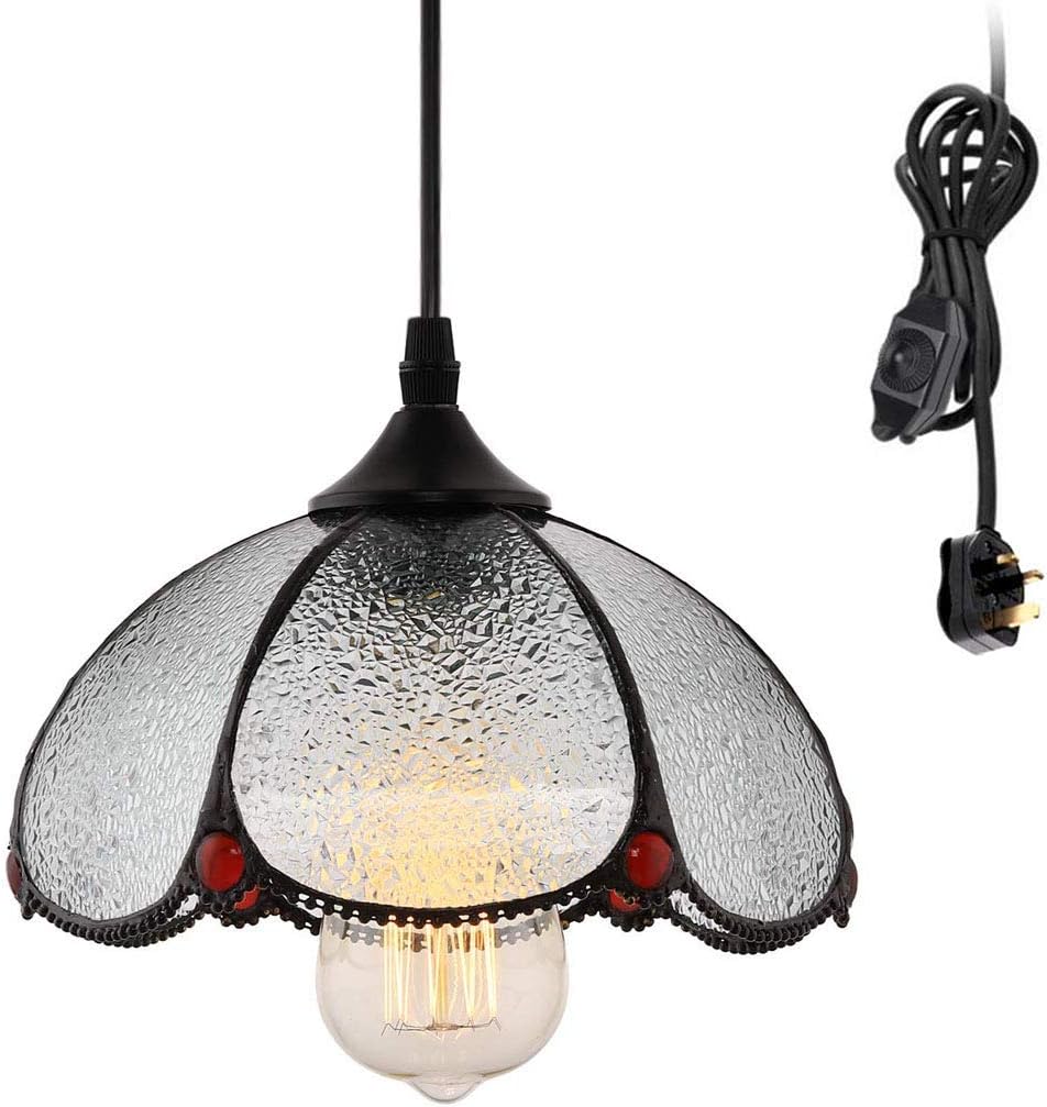 Tiffany Style Pendent Hanging Light with 4.5 Meter Plug in Cord and On/Off Dimmer Switch, Vintage Dome Shaped Swag Hanging Lamp for Kitchen Island, Dining Room or Living Room