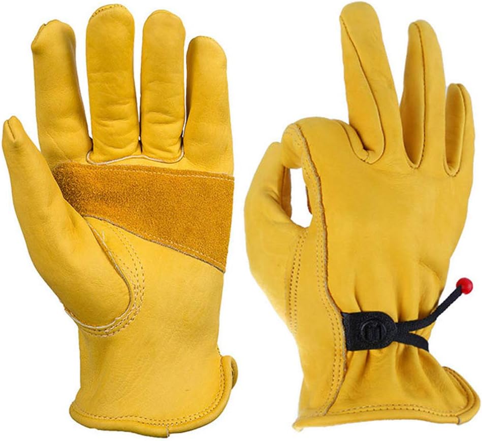 Heavy Duty Grain Cowhide Extra Wear Palm Leather Work Gloves for Driving Wood Cutting, Motorcycle,Woodworking