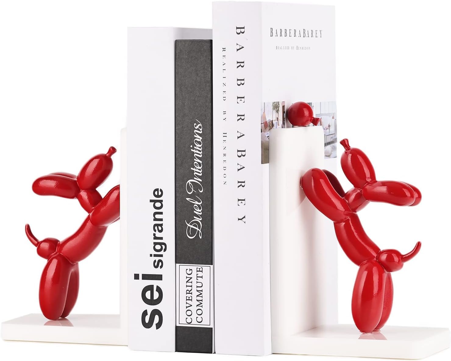SHENGTIAN Resin & Acrylic Bookend, White Balloon Dog, L-Shaped Shelf Decor, Modern Dog Stature Bookends, Heavy Duty Book Holder Stopper for Library, Office, Bookcase Decoration