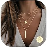 Vjoypro Valentines Gifts for Her - Initial Layered Necklaces for Women, 14K-Gold-Plated Coin Letter Necklace Bar Stacking Layer Necklace Multi Bar Layering Y-Necklaces Jewelry for Women