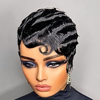 Mommy Wig Pixie Perücke Aus Echthaar – Kurz, Gewellt, Farbe 1B, Mit Verstellbarer Kappe