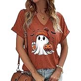 Women Fall Halloween Doodles V Neck Shirt Funny Family Party Celebration Short Sleeve Tee Pumpkin Graphic Thanksgiving Tops…