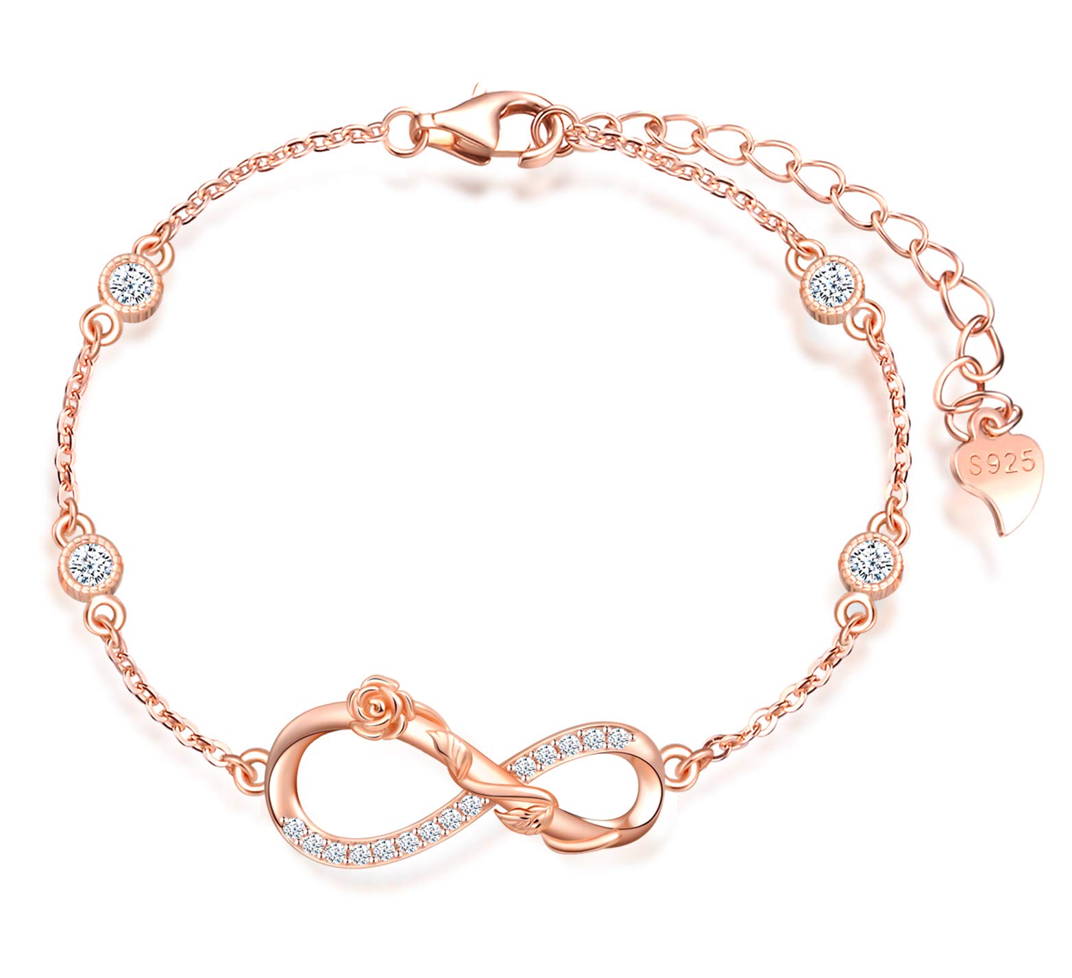 MicLee Woman's girl's Bracelet, 925 Sterling Silver bracelet, Rose flower and infinity symbol bracelet, Inlaid with zircon, adjustable chain, Unique design bracelet, rose gold — image 1