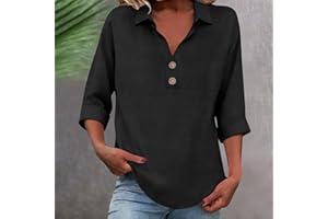 Linen Shirts for Women Casual Button V Neck Henley Tops Summer Sprint 3/4 Length Sleeve Collared Blouse Beach Outfits