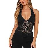 NODHUT Women's Lace Halter V Neck Backless Tank Tops Cute Summer 2025 Fitted Sheer Going Out Tops
