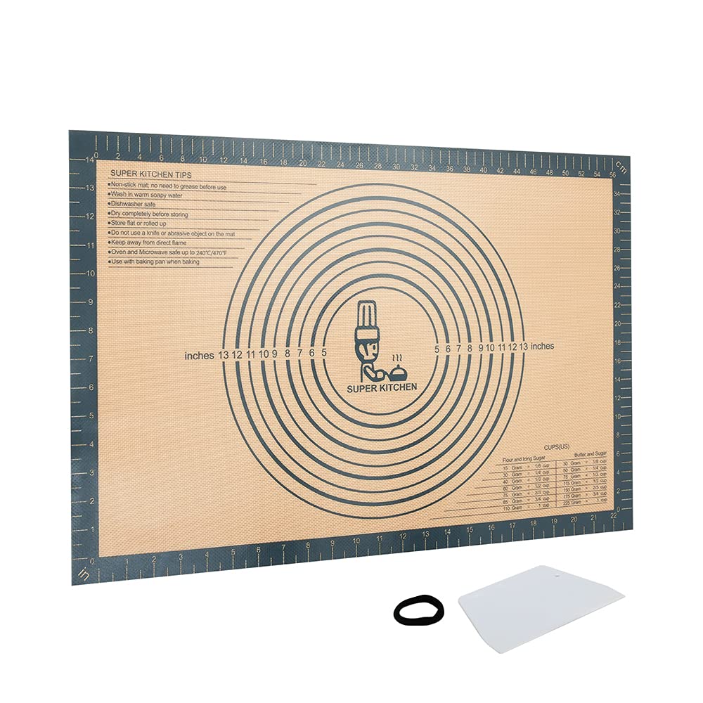 Silicone Baking Mat Sheet Non-Slip Pastry Mat with Measurement 40 × 60 cm, Non-Stick Dough Kneading Board Mat with Scraper, Extra Large Pastry Rolling Mat, Fondant Mat (Grey)