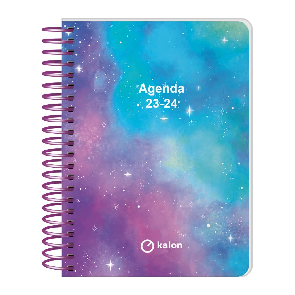 Q Kalon - School Diary 2023-2024 (September to June) - Day Page - Size: 11 x 15 cm (A6) - Bilingual: Spanish and English - Cosmos