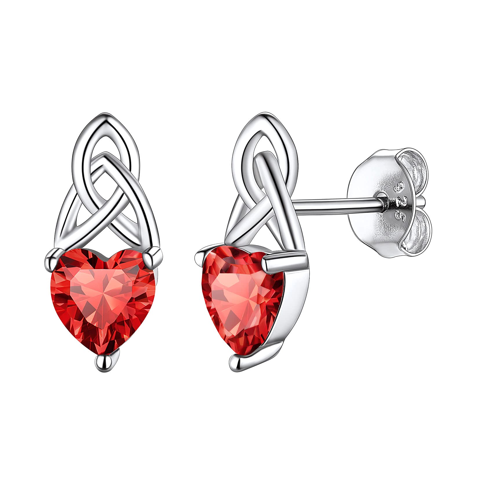 925 Sterling Silver Dainty Cute Hypoallergenic Triquetra Celtic Knot Heart Shaped Simulated Red Red Ruby July Birthstone Stud Earrings Irish Jewelry for Women Teens