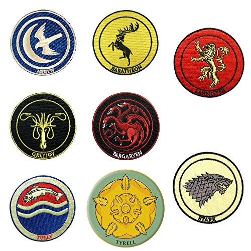 Game of Thrones House Crests Eight Set (Arryn, Baratheon, Greyjoy, Lannister, Stark, Targaryen, Tully, Tyrell) Embroidered Iron On or Sew On Patches