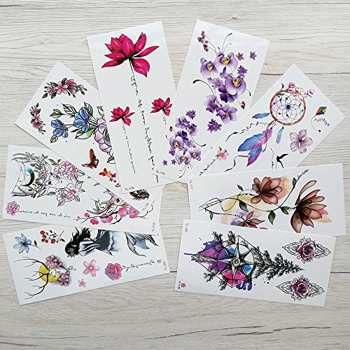 Yesallwas 8 Sheet cute Temporary Tattoo Sticker Fake Tattoos for Women Girls Models,Waterproof Long Lasting Body Art Makeup Sexy Tattoos-Flowers,rose,lotus,Mermaid,dreamcatcher,butterfly (A) - Thumbnail 2