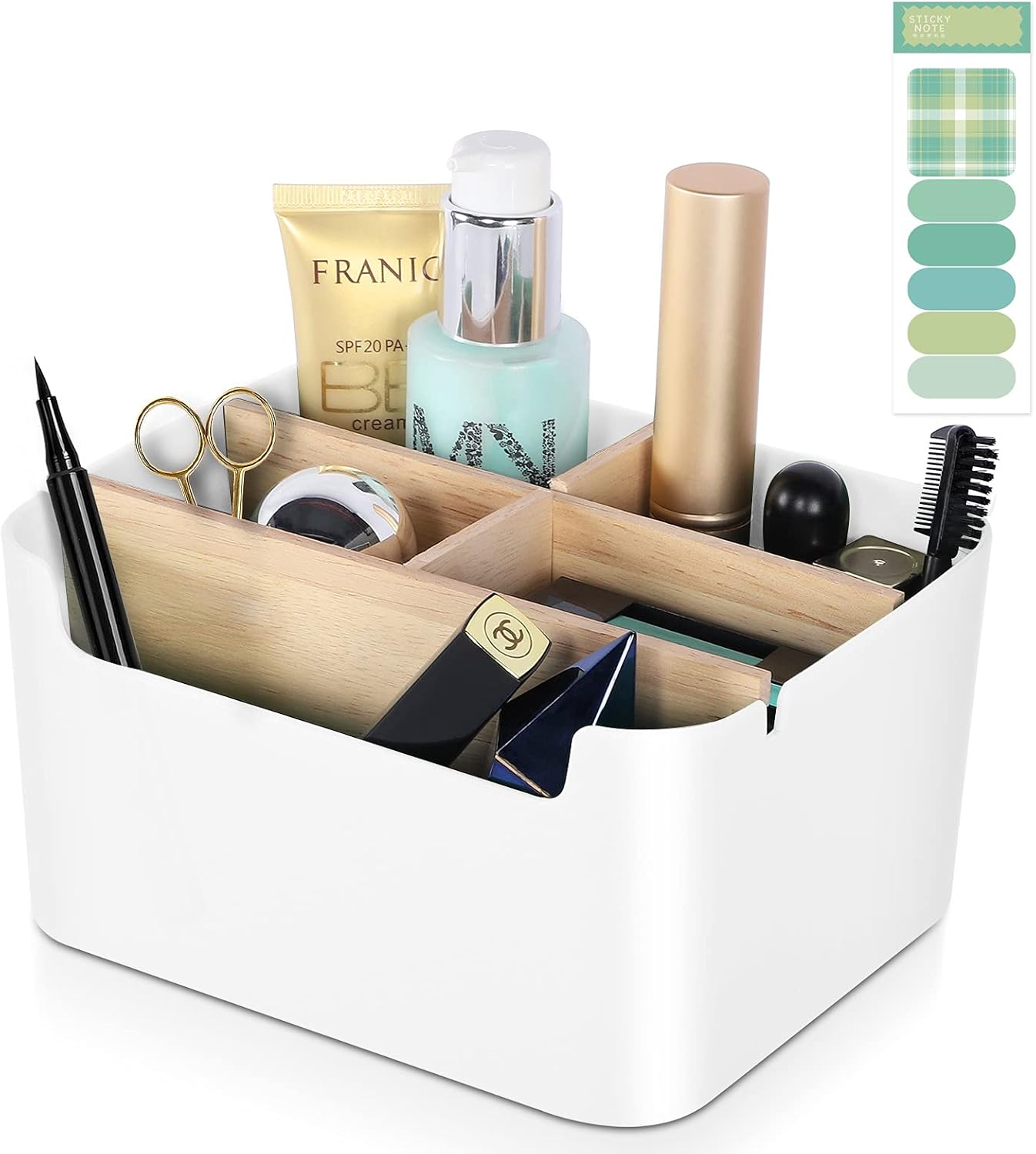 Desk Organizer Makeup Organizer Countertop - Desktop Storage Box Pen Holder Cosmetic Storage Box Office Supplies Table Storage Box for Home and Office with Adjustable 5-Compartment Wooden Dividers