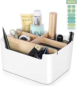 Desk Organizer Makeup Organizer Countertop - Desktop Storage Box Pen Holder Cosmetic Storage Box Office Supplies Table Storage Box for Home and Office with Adjustable 5-Compartment Wooden Dividers