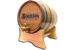 RECOOP ® BARRELS 5 Liter American Oak Bourbon Aging Barrel (1 gallon) with Stand, Bung and Spigot | Age Cocktails, Whiskey, Rum, Tequila, Beer & Wine | Laser Engraved Bourbon Barrel B512 Design