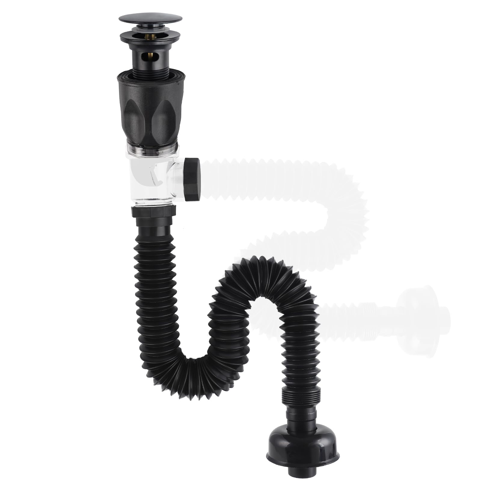 Hibbent Drain Sink Set for Bathroom Sink, Universal Pop Up Click Clack Basin Waste with Flexible Waste Pipe,Sink Waste Kit, Odour-Proof and Leakproof -Black