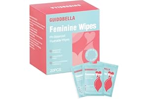 GUIDDBELLA Feminine Wipes for Women - Individually Wrapped Flushable Wipes, PH-Balanced, Alcohol-Free, Unscented, Safe for Sensitive Skin (20 Count)