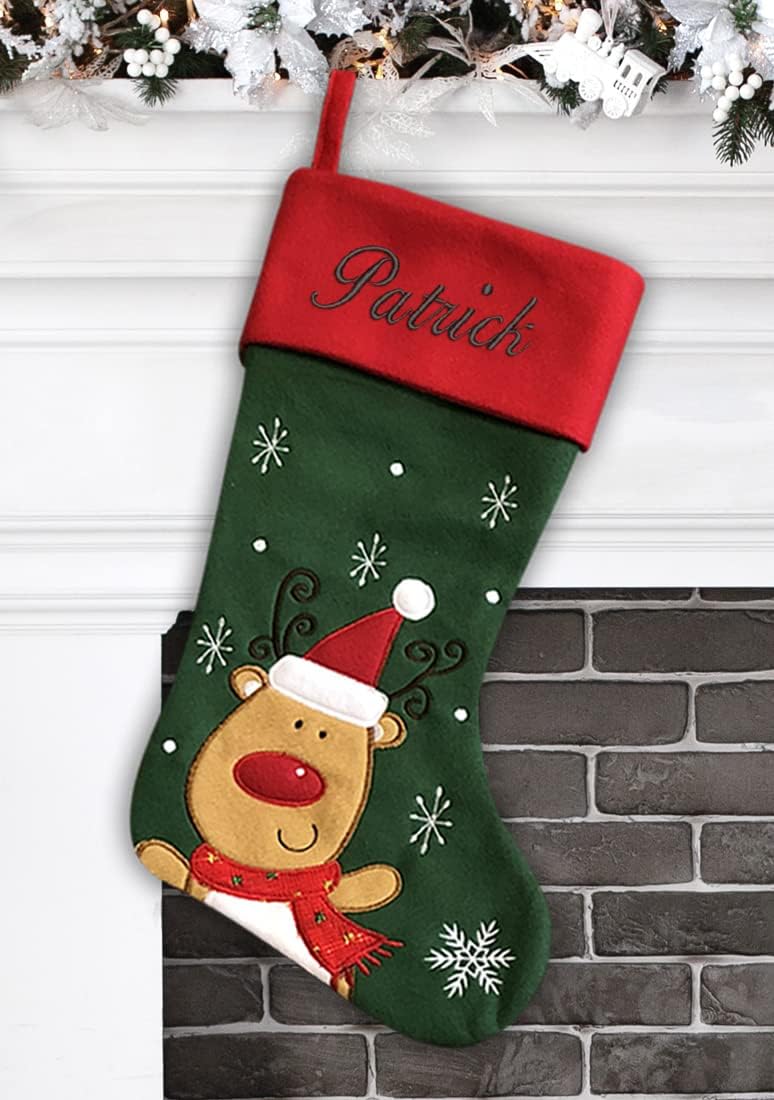 Stockings & Holders - Personalized Christmas Stocking - Reindeer Design - Embroidered Name - Large 18.5inch, Traditional Red and Green, Family Holiday Season Décor