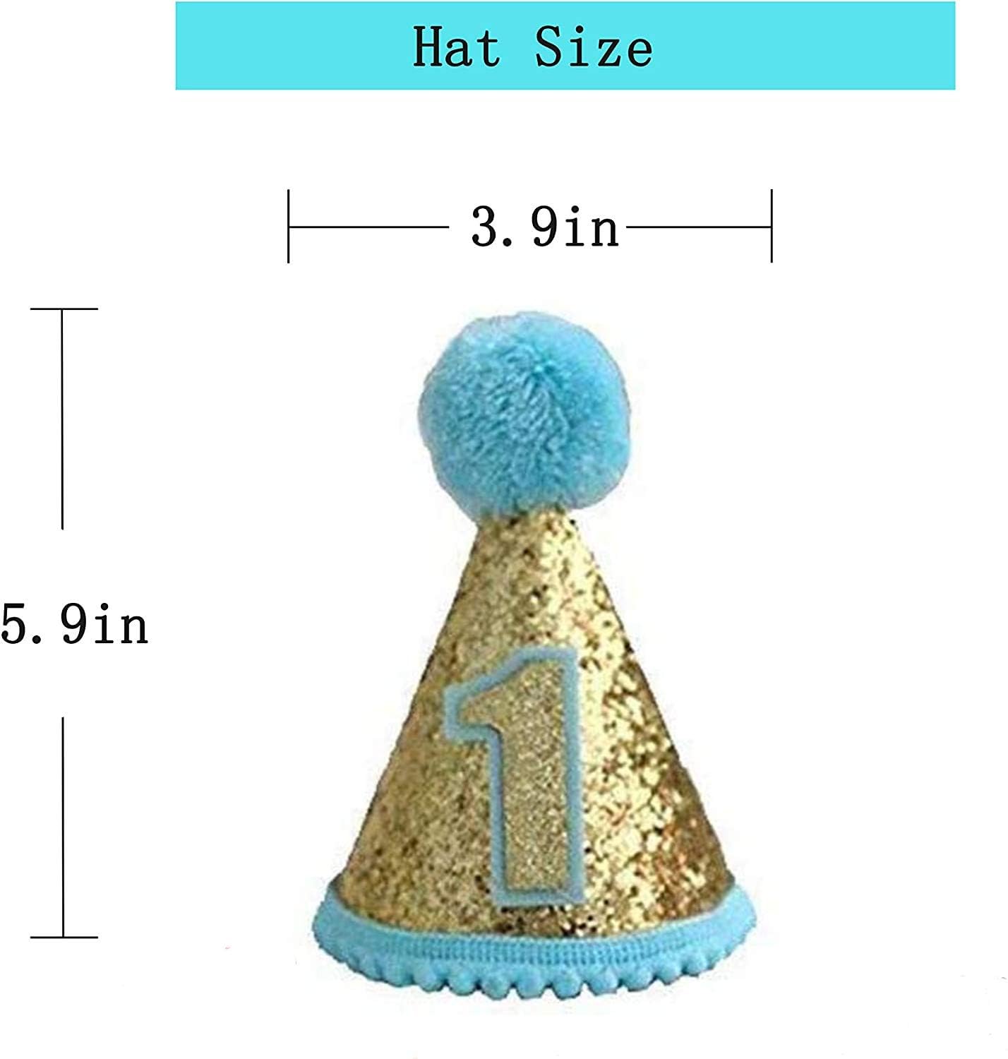 1st Glitter Birthday Cone Hats with Pom Poms, Adjustable Headbands