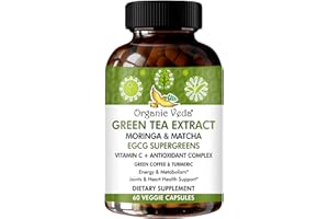 Organic Veda Green Tea Extract ECGC Capsules - Antioxidants Rich Matcha, Green Coffee Bean, Turmeric, Moringa, Vitamin C - Energy, Metabolism, Brain, Immune & Heart Health Supplement - 60 Pills