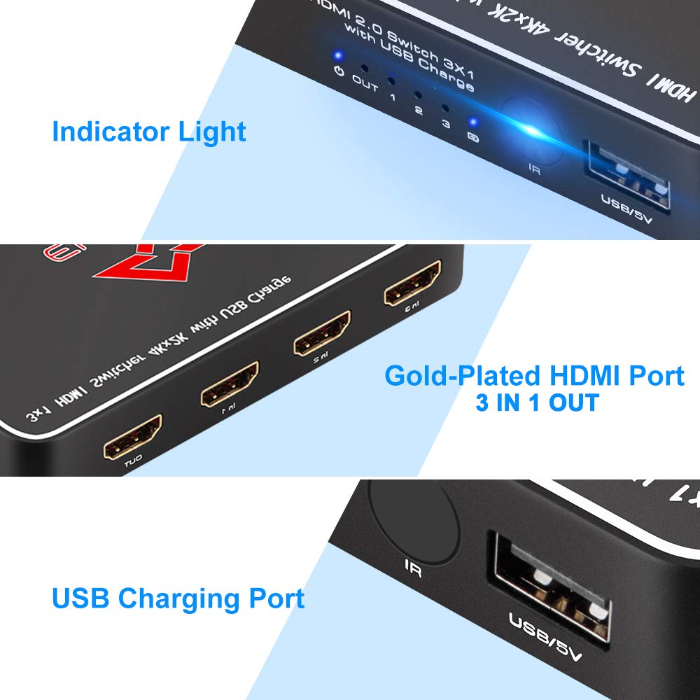 ELUTENG 4K HDMI Switch 3x1 HDMI Switcher Splitter Box with IR Romote Control 3 in 1 Out HDMI Selector 4K Full HD 1080P 3D for PC/Xbox / PS4 / PS3 / Blu-ray Player/TV Box
