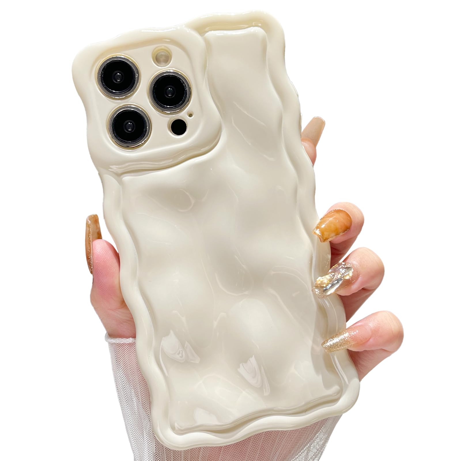 ZTOFERA Wavy Case for iPhone 14 Pro (6.1-Inch), Cute Wave Frame Shiny 3D Ripple Design Protective Phone Case Soft TPU Bumper Lightweight Shockproof Cover for Girls Women, Cream — image 1