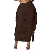 HESUUIO Women's Sexy Ruched Bodycon Skirt Side Ruffle Tassles Pencil Maxi Skirts
