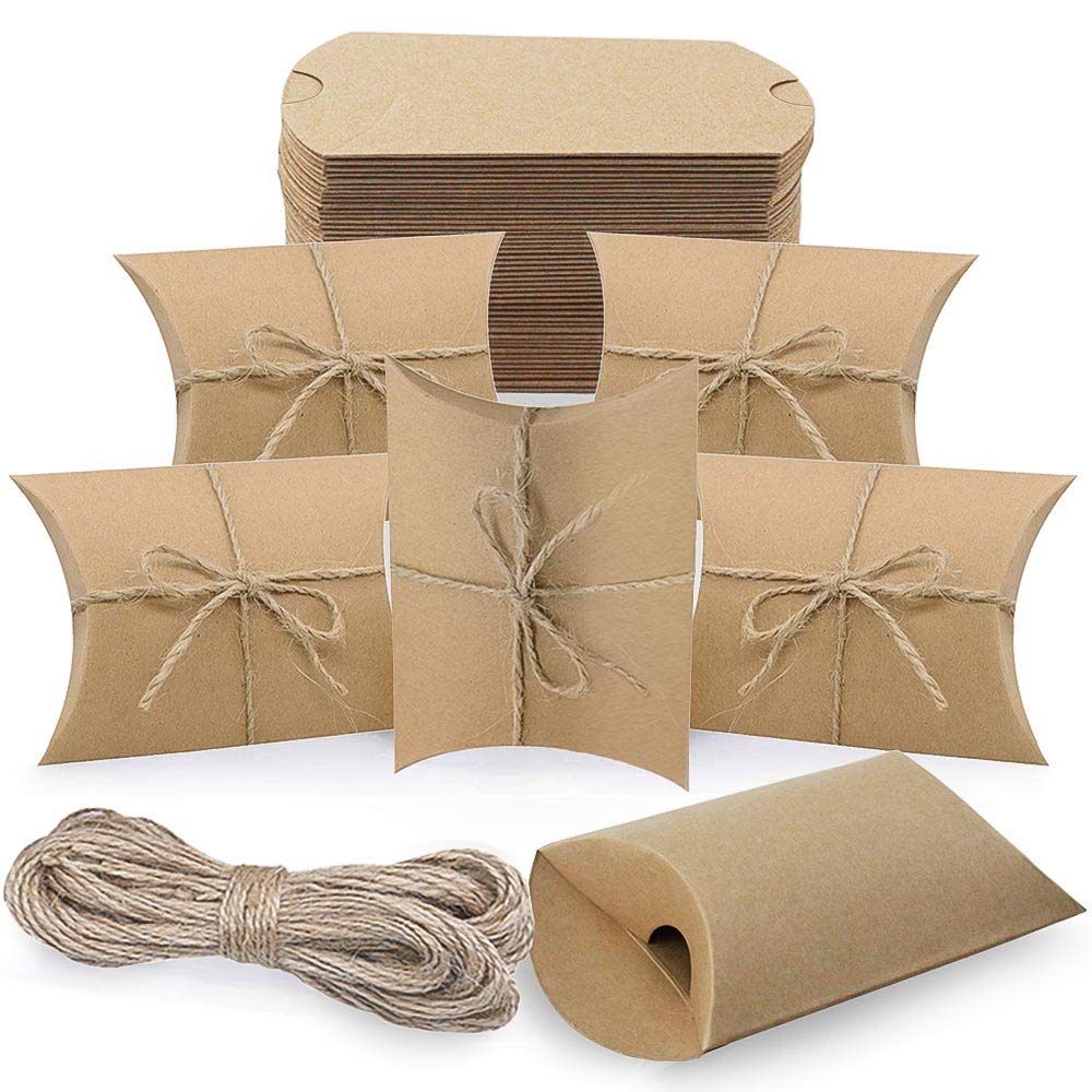 FYSL 50pcs Brown Pillow Boxes, Kraft Pillow Boxes, Pillows Candy Boxes, Kraft Paper Vintage Natural Pillow Boxes for Wedding Birthday Annivesary Christmas Party