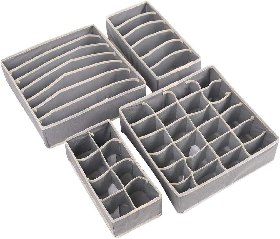 4 Pack Gray Folding Closet Underwear Wardrobe Closet Organizer Drawer Divider Storage Boxes for Underwear Bra Sock Ties Scarves 6/7/8/24 Cells Non-Woven Moisture-Proof Fabric