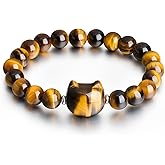 Beaded Bracelets for Women, Black Obsidian Money Attraction Bracelet, 8mm Healing Relax Anxiety Luck Crystal Bead Bracelets, Adjustable Jewelry Feng Shui Stretch Bracelet Cat Lover Gifts for Women Men