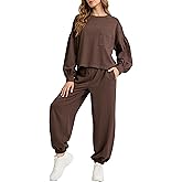IQSQSQ Women’s 2 Piece Lounge Set Lantern Sleeve Top Jogger Pants Matching Set Comfy Travel Everyday Outfit