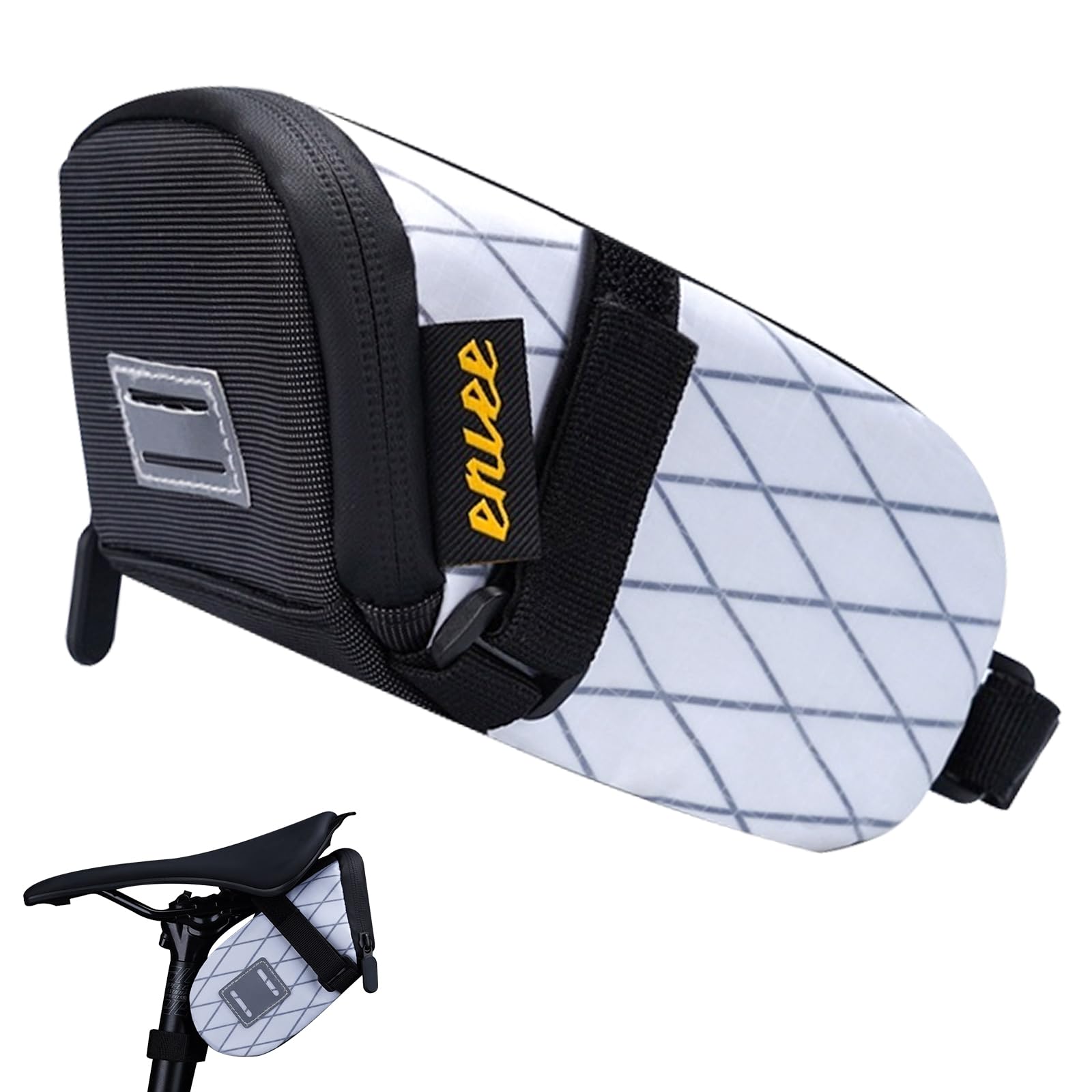 Photo 1 of ENLEE Bicycle Saddle Bag, White Wedge Reflective Bike Seat Bag with Taillight Hangers, Waterproof Bicycle Storage Pouch Under Seat with Independent Small Item Partitions for Mountain Road Bikes, Small