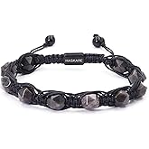 HASKARE Protection Crystals Black Mens Beads Bracelet, Natural Obsidian Handmade Jewelry Faceted Beaded Bracelet for Men, Drawstring Unique Crystal Stone Bracelet for Dad Father Son