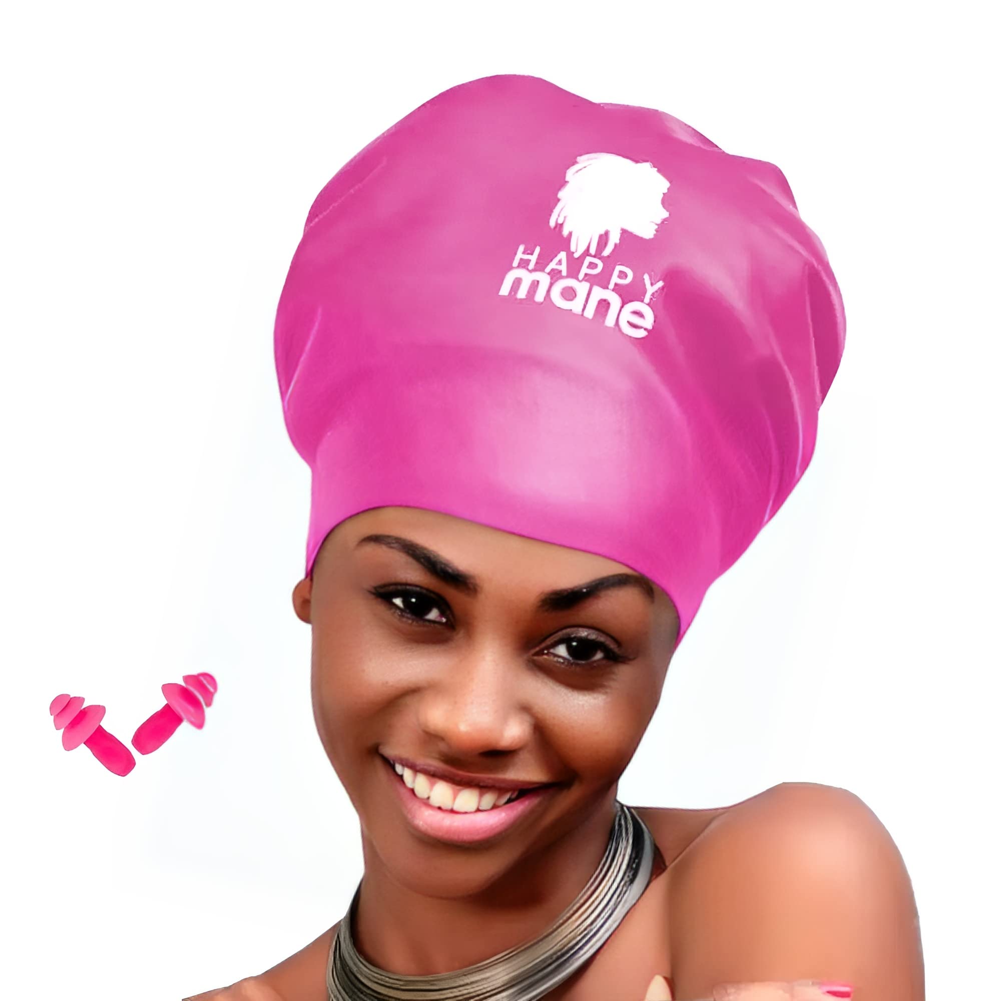 Happy Mane Swimming Cap BPA-Free Silicone Swim Cap Keeps Your Hair Dry - Swim Cap for Long Hair, Dreadlocks, Extensions, Curls & Afros - Waterproof Swimming Cap for Women, Men & Kids (L pink)