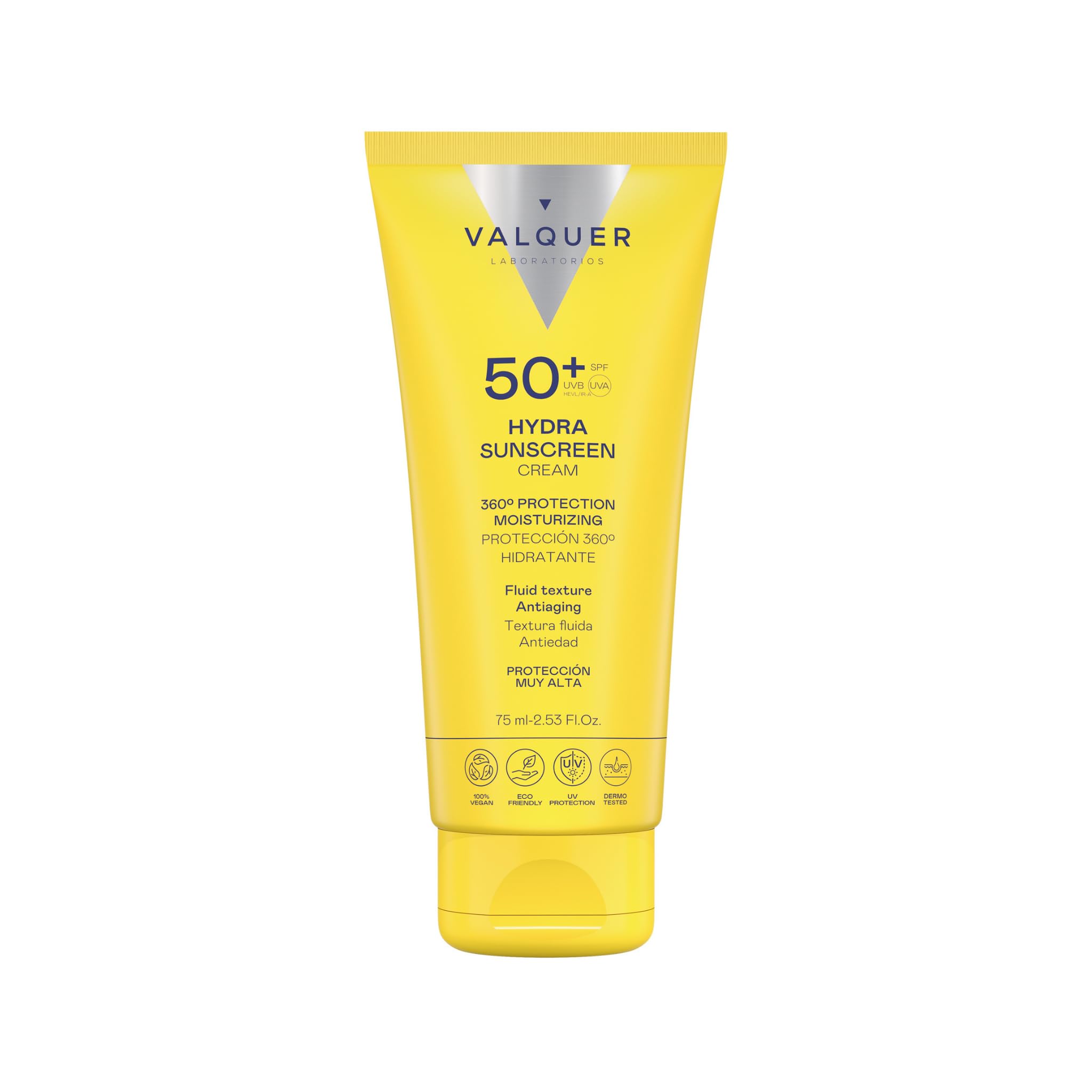 Valquer Hydra Sunscreen SPF 50 Sunscreen Facial Cream, Moisturizing and Anti-Aging. 360 Protection for All Skin Types. With Hyaluronic Acid and Silky Texture. Vegan. 75 ml.