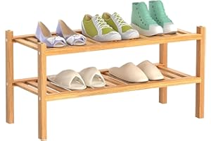 H&D HOME INTERCHANGES Shoe Rack 2-Tier Organizer-Stackable Storage Shelf with Multi-Function Combinations-Free Standing Bamboo Shoe Racks for Closet,Entryway,Hallway,Bathroom,Living Room Shoe Organization (Natural, 2-Tier)