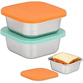 2 Pack Sandwich Containers: 30oz Stainless Steel Lunch Box with Silicone Lids, Meal Prep Container Reusable Metal Sandwiches Food Storage for Kitchen & Office Salad Snacks Fruits (Orange/Blue)