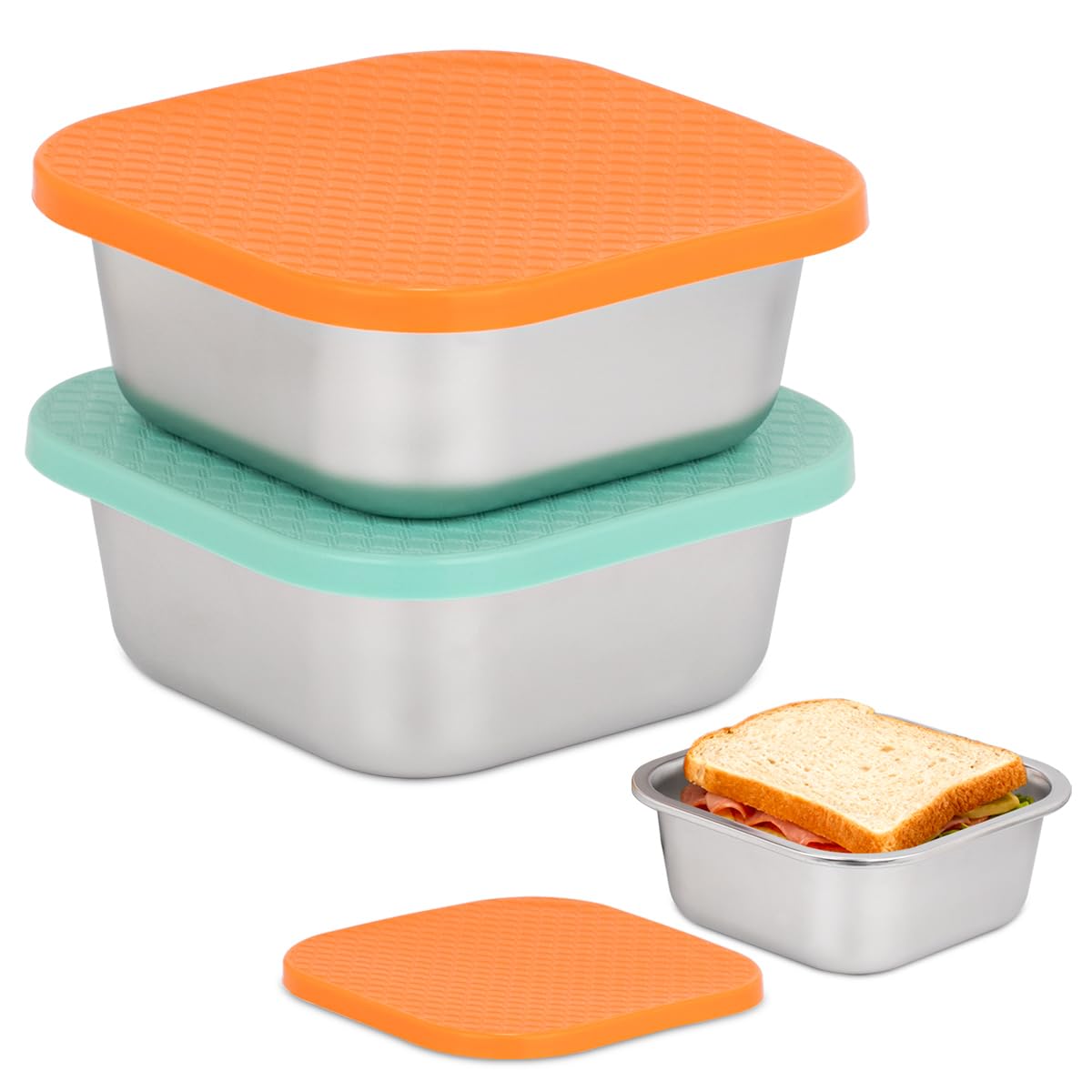 Photo 1 of 2 Pack Sandwich Containers: 30oz Stainless Steel Lunch Box with Silicone Lids, Meal Prep Container Reusable Metal Sandwiches Food Storage for Kitchen & Office Salad Snacks Fruits (Orange/Blue)