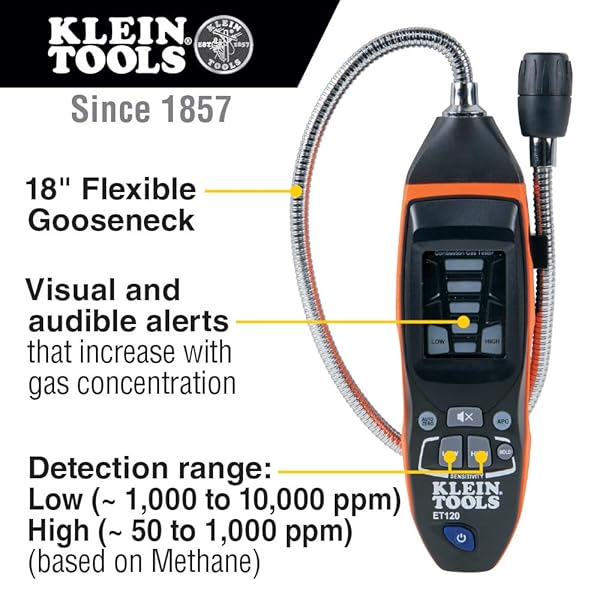 KLEIN TOOLS ET120 GAS LEAK DETECTOR, COMBUSTIBLE GAS LEAK TESTER WITH 18-INCH GOOSENECK HAS RANGE 50-10,000 PPM, INCLUDES POUCH, BATTERIES