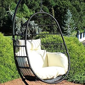 Sunnydaze Penelope Black Steel and Polyethylene Wicker Hanging Egg Chair with Cream Polyester Seat Cushions - Bohemian… 61FQiyLVYgL