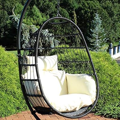 Sunnydaze Penelope Black Steel and Polyethylene Wicker Hanging Egg Chair with Cream Polyester Seat Cushions - Bohemian… 61FQiyLVYgL