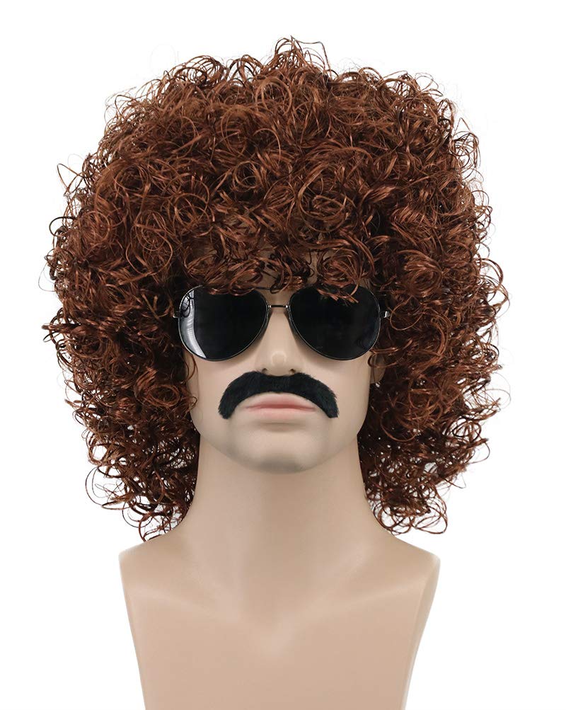 Karlery Mens Short Curly Brown Rocker Mustache Beard Wig California Halloween Cosplay Wig Anime Costume Party Wig (Brown)