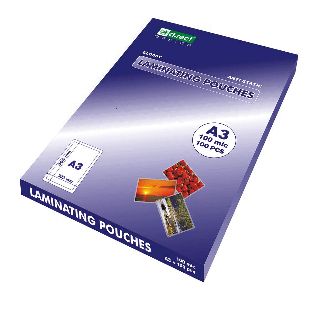 D.RECT Sheets to Laminate A3 - Pack of 100 Units Laminating Pouches 100 Microns 2x100 (200) - Glossy -Transparent - Durable Laminated - Lamination for Long-Lasting Documents