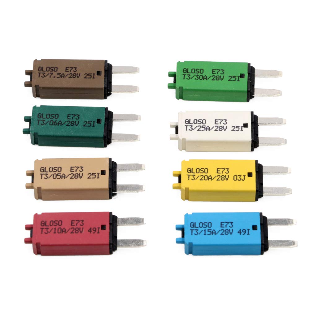 T Tocas 28Vdc E73 ATM T3 Manual Resettable Fuse Low Profile Mini Blade Fuses 5A 6A 7.5A 10A 15A 20A 25A 30A Mixed Boat Marine RV Car Truck (8 Pack
