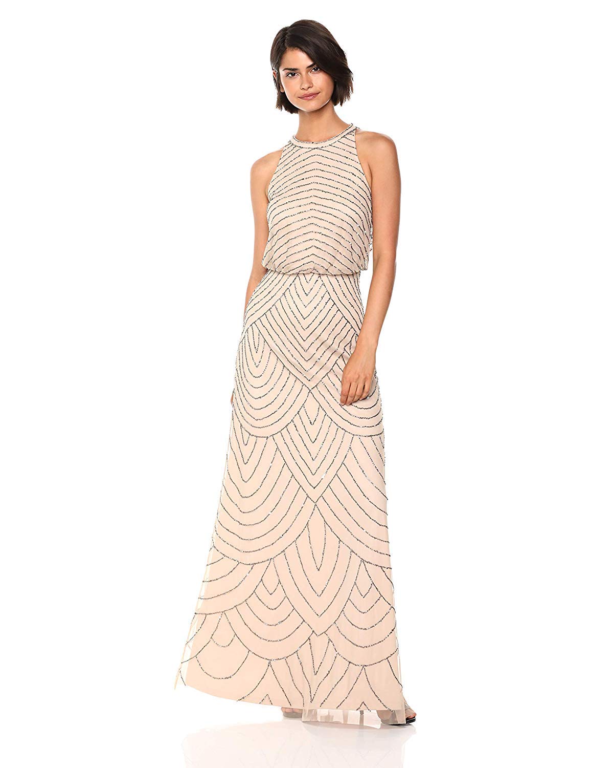 Adrianna Papell womens Art Deco Beaded Blouson Dress with Halter Neckline, nude, 12