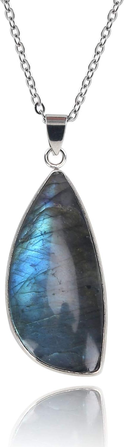 Natural Labradorite Crystal Stone and Spiral Ammonite Fossil Healing Charm Pendant Necklace Conch Shell Fibonacci Jewelry for Women and Girls