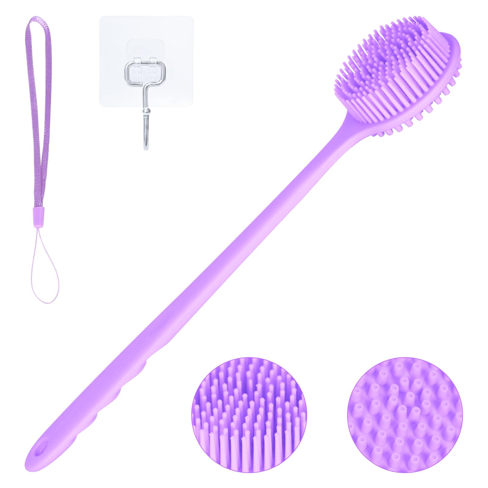 KXF Silicone Back Scrubber 37.5cm Long Handle Double-Sided Shower Body Brush Body Scrubber Bath Wash Brush with Soft Lathering Bristles and Stiff Massage Nodes Gentle Exfoliating Showering Exfoliator