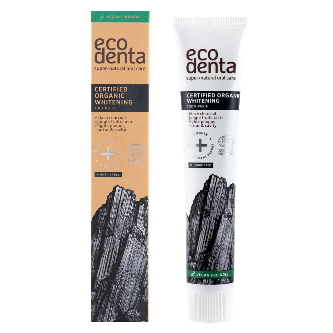 Ecodenta Charcoal, Teeth Whitening Toothpaste I Naturally Whitens Teeth and Removes Plaque I Fluoride Free Black Natural Toothpaste with Aloe Vera, 75ml