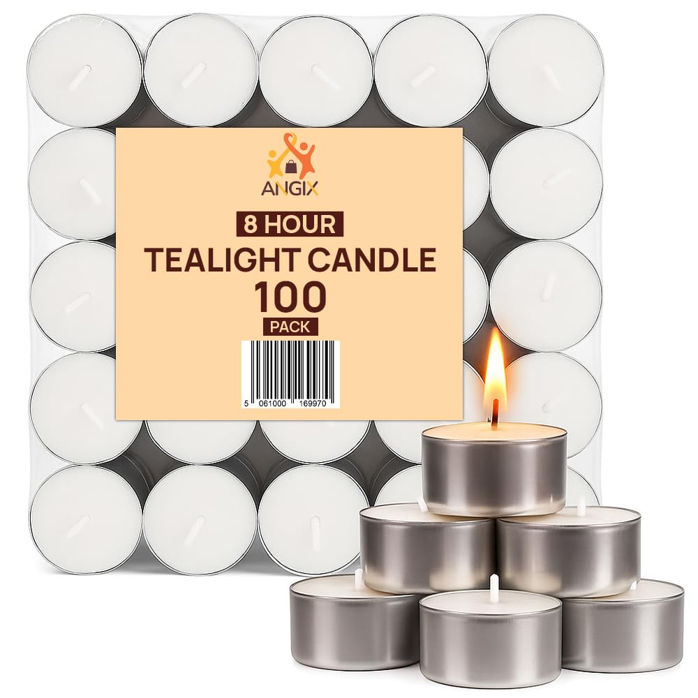 8 Hour Tealight Candles 100 Pack Long Burning Unscented Tea Lights - White 8hr Candle Tealights for Everyday Use, Weddings, Christmas Gifts, Parties, Spa, Home & Decor - Sold by ANGIX