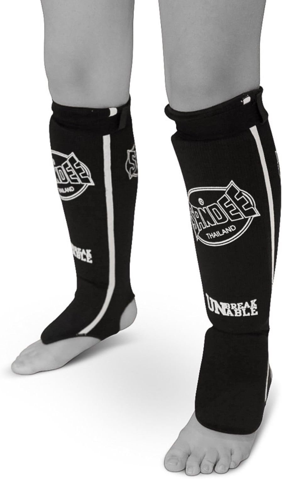 Sandee Black & White Elasticated Cotton Competition Muay Thai Boxing Shin Guards