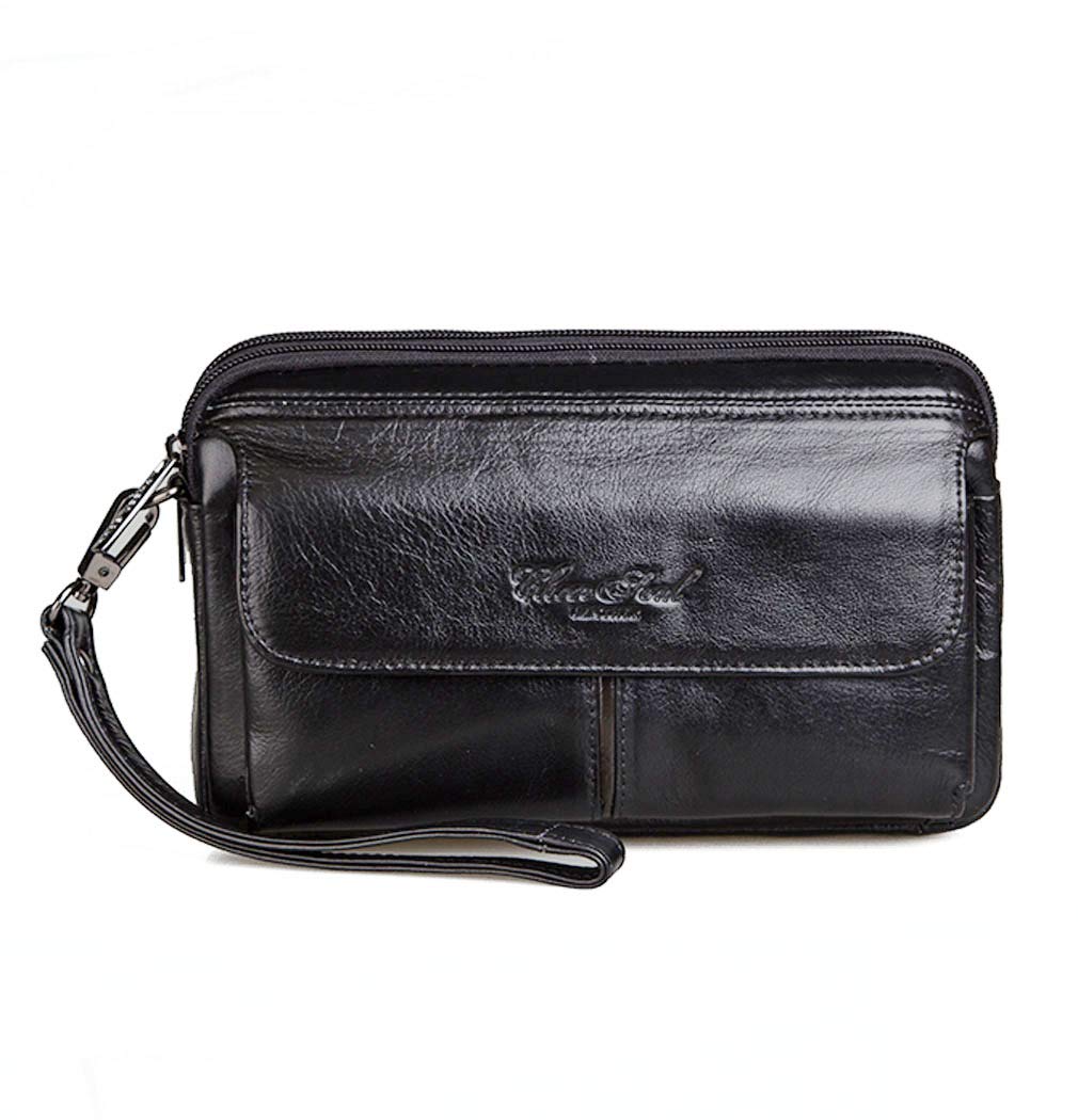 Leather Wrist Purse for Men Women Business Travel Outdoors Organizer Wristlet Strap Fanny Clutch Bag Coin Money Wallet Multiple Pouch Phone Holder for Phone Black