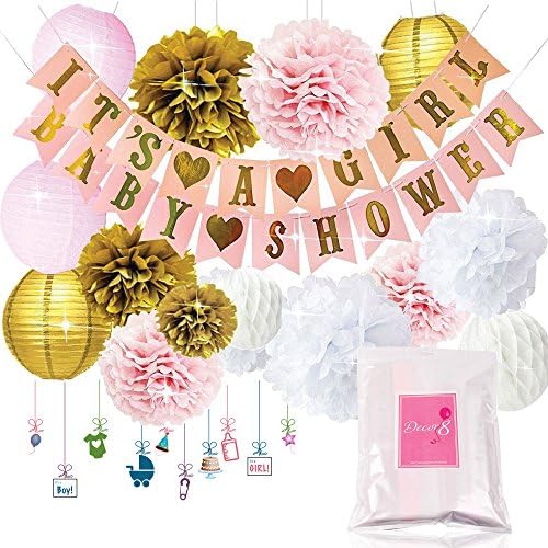 Baby Shower Decorations IT’S A GIRL &amp; BABY SHOWER Banners, Lanterns, Pom Poms, and Honeycomb Balls. FREE Printable Decoration eBook. Pink Rose Cream Gold &amp; White Nursery Room Decor for Babies - Decor8